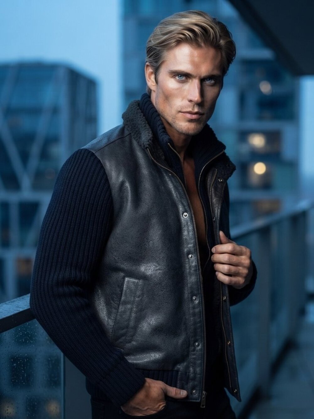 International Male Mens L Black Faux Leather Rib Knit Moto Jacket Y2K Emo